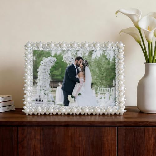 DIKAR 6x8 Wedding Picture Frame, Pearl Photo Frame with HD Acrylic Glass and Metal Frame of Large Pearls & Small Diamonds All Around, for Tabletop or Wall Display Perfect Gifts for Wedding and Anniversary