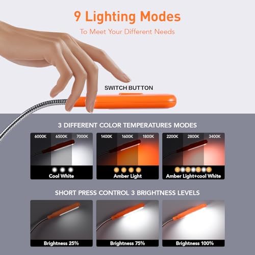 VAVOFO Rechargeable Book Light, Blue Light Blocking, Amber 1600K Clip On Reading Light, Eye Care 7 LEDs Kids Book Light for Reading in Bed with Power Indicator for Bookworms (Neon Orange)