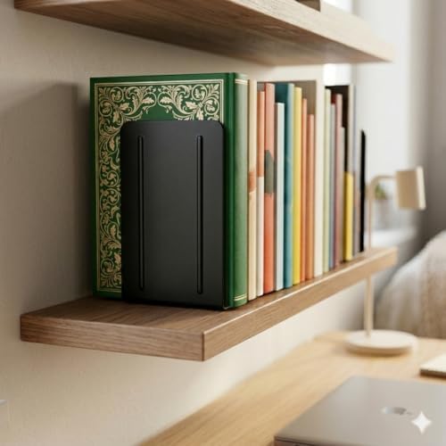 Acrimet Plastic Bookends for Bookcases, Shelves and Desktop, Plastic Book Holders (Black Color) (1 Pair)
