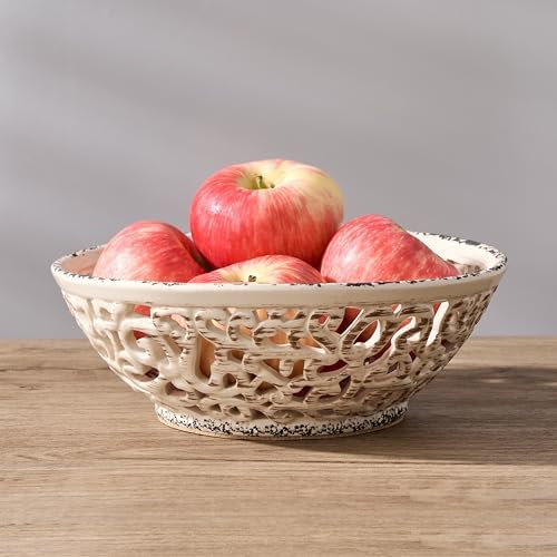 SIDUCAL Ceramic Fruit Bowl for Kitchen Counter,Decorative Fruit Basket with Holes, 10.43" Large Hollow Out Fruit Vegetable Holder Bowl for Table Decor, Beige
