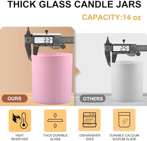SHOWIN 14 OZ Thick Candle Jars for Making Candles 12 Pcs, 3 Wick Empty Jars with Wood Lids for Candle Making, Sample Container, Matte Pink
