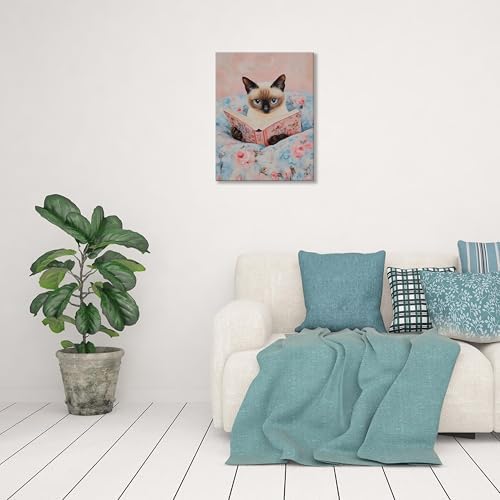 Framed Cat Reading Book Canvas Wall Art, Cute Pink Siamese Cat Wall Decor Print Painting, Funny Animal Lovers Picture for Bedroom Living Room Kids Room Girls Room Home Decor 16x24 Inch