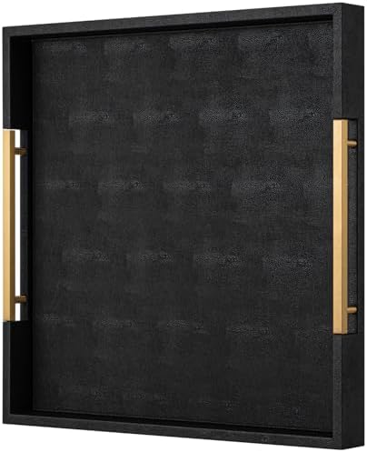 Black Faux Leather Decorative Serving Tray with Handles – Large Square for Coffee Table, Ottoman, Living Room & Bathroom Home Decor