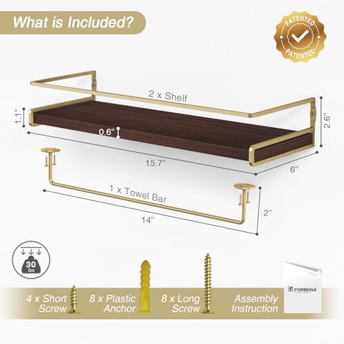 Floating Shelves Bathroom Shelves Over Toilet Set of 2, Bathroom Wall Shelves with Towel Bar, Wall Mounted Vanity Shelf for Bedroom, Kids Room, Kitchen (Brown & Gold)