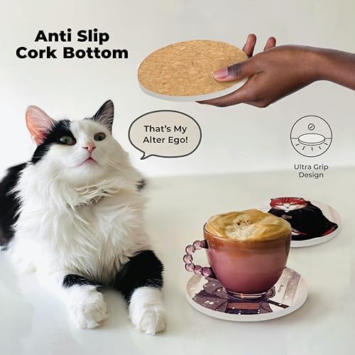 Ninja Cat Coasters Set of 6 - Funny Coasters Anime Cat Gifts for Men