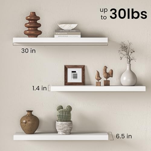 30 Inch Floating Shelves for Wall, Rustic Wood Wall Mounted Deep Storage Shelves with Invisible Brackets, Large Decorative Display Ledge for Living Room Bathroom and Kitchen, Set of 2, White