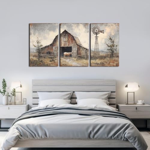 Rustic Farmhouse Wall Art Vintage Windmill Wilderness Canvas Painting for Living Room Nature Village Scenery Canvas Artwork Farm Cow Paintings Wall Decor for Kitchen Office Home Decorations 24x36"