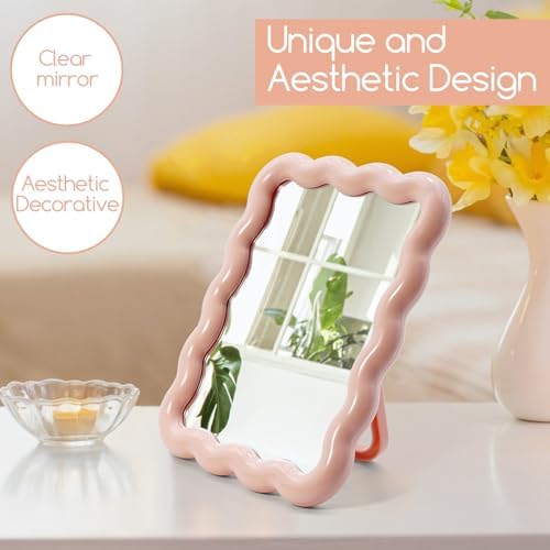 Philbinden Cute Wave-Shaped Desk Vanity Makeup Mirror, Portable Folding Travel Makeup Mirror for Standing/Hanging, Home Decorations for Women Girls (1, Pink)