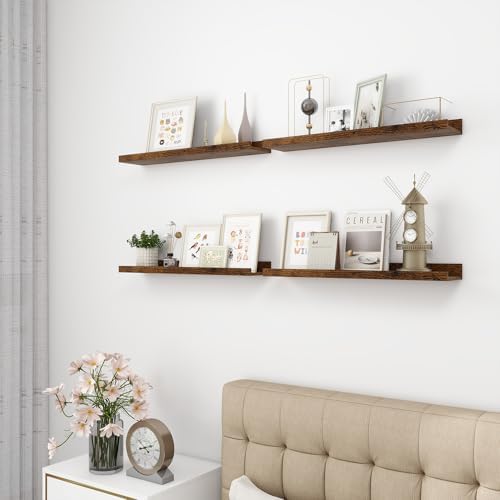 Acovy 24 inch Picture Ledge Shelf, Wood Floating Shelves Set of 4, Brown