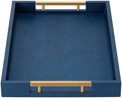 Navy Blue Faux Leather Serving Tray with Handles – Large Decorative Tray for Coffee Table, Ottoman, Living Room, Bathroom – Home Decor