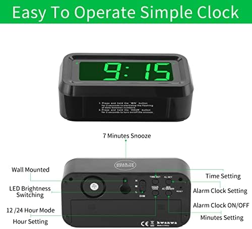 KWANWA 1.2 Inch Small Digital Alarm Clock, Green LED Display with Adjustable Brightness & Night Mode, Battery Operated Portable Desk Clock, for Bedroom, Travel, Kids, Wall Mount (Snooze, 12/24H)