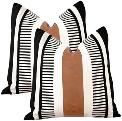 26x26 Boho Striped Pillow Cover with Faux Leather Accent, Black, 2 PC