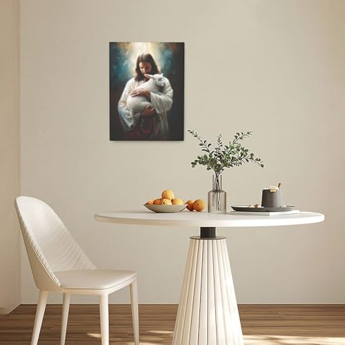 Jesus and Lamb Wall Decor Pictures Jesus with Lamb Wall Art Religious Christian Canvas Prints Painting God Faith Artwork Decoration for Bathroom Bedroom Living Room Framed Gifts 12"x16"