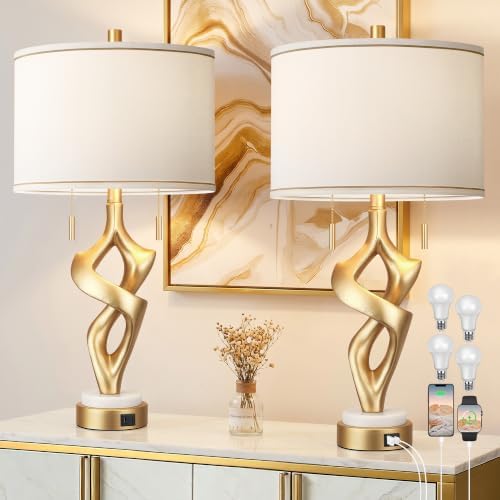 ROTTOGOON Gold Table Lamps for Living Room Set of 2, Modern Nightstand Lamps with Marble Base & Charging Ports, Rustic Resin Table Lamp for Bedrooms with Pull Chains Switch, 4 x Bulbs Included, 26"