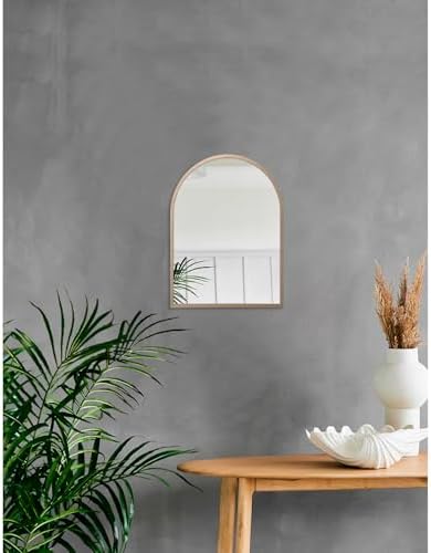 Arched Wall Mirror Aluminum Alloy Frame Bathroom Mirror Brushed Metal Vanity Wall Mounted Mirror for LivingRoom Bedroom Entryway Room Home Decor Brass 16"x12"