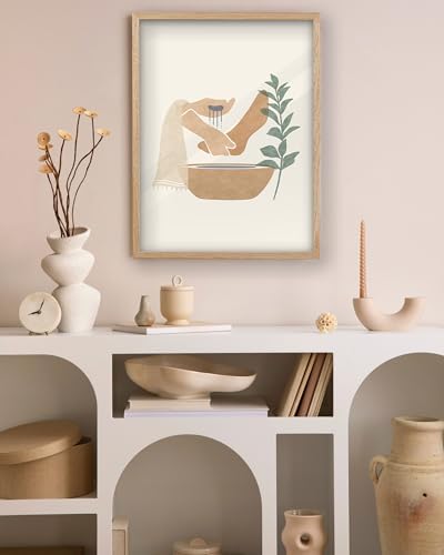 KensTro 16x20 Oak Framed Jesus Washing Feet Christian Wall Art | Natural Oak Wood Frame with Minimalist Foot-Washing Scene, Neutral Faith Decor for Living Room, Bedroom or Prayer Space