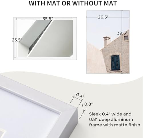 27x40 Metal Picture Frame with 24x36 Mat, Brushed Aluminum Finish, Tempered Glass Front, and Attached Hanging Hardware - Versatile Wall Display Frames for Vertical or Horizontal Orientation(Silver,