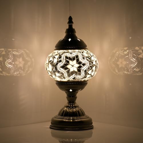 GOGERS Turkish Moroccan Table Lamp Lantern with Handmade Mosaic Glass Lampshade Tiffany Style Bohemian Stained Glass Decorative Desk Lamps Bedside Night Lights for Bedroom (White 2)