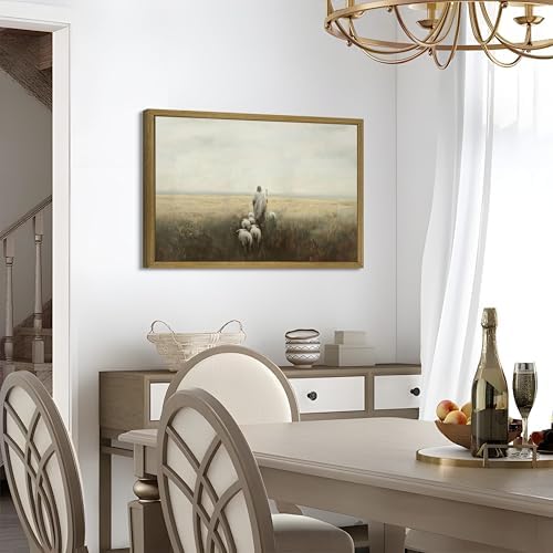 Wood Framed Jesus Wall Art, Christian Canvas Wall Decor, Jesus Leaves the 99 Sheep Poster Print Picture, Lost Lamb Religious Artwork Oil Painting for Living Prayer Room Bedroom 24x36 inch