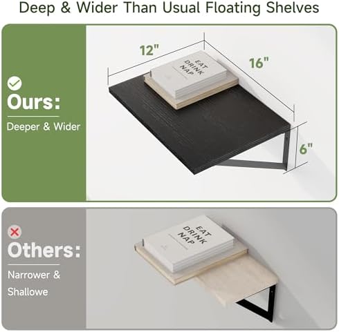 Heimlove 16W x 12D Deep Floating Shelves Set of 4 Black