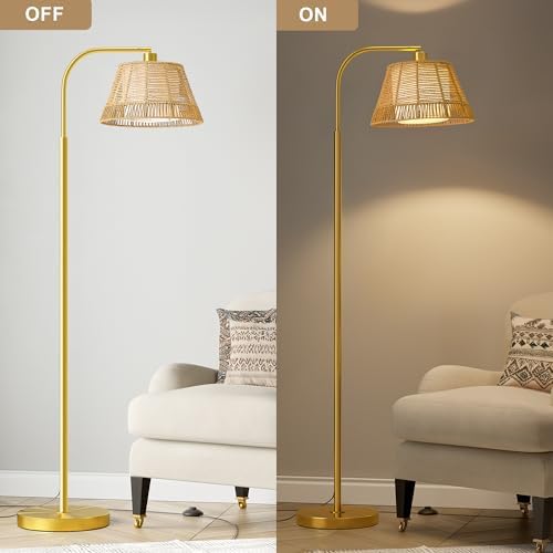 Oneach Arc Floor Lamp for Living Room with 3 Color Temperatures, Farmhouse Floor Lamps with Remote & Dimmable Bulb, Rattan Boho Floor Lamp with Hand-Woven Wicker & Fabric Shade