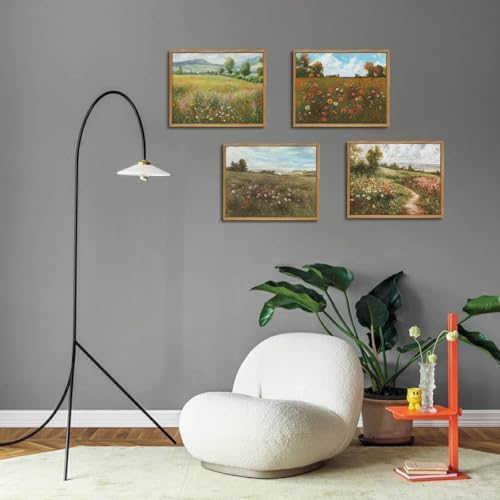 OIQArtOIQ Vintage Landscape Framed Wall Art Summer Countryside Wildflower Canvas Art Prints Farmhouse Cottagecore Pictures Wall Decor Rustic Meadow Paintings Artwork For Kitchen Bedroom Living Room