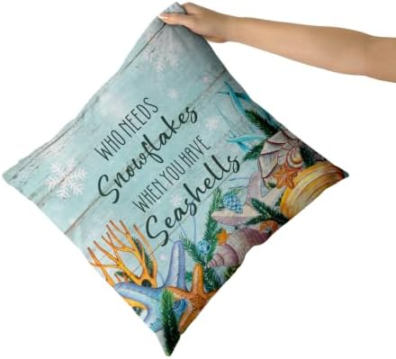 Giwawa Coastal Christmas Pillow Covers Set of 2, Blue Nautical Seashell Xmas Winter Snowflakes Throw Pillow Cases 16x16 Inch, Double Sided Square Cushion Covers for Sofa Couch Bedding Decor