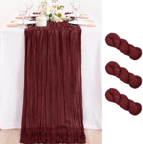 3 Pack Burgundy Cheesecloth Table Runner 10ft Sheer Gauze Events Decor