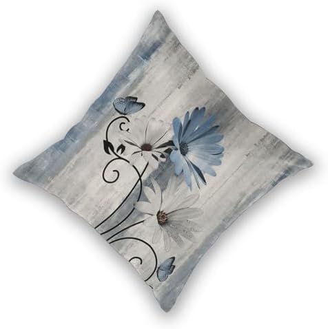 Baby Blue Floral Pillow Covers 20 x 20 Inch Set of 2 Daisy Floral Butterfly Decorative Throw Pillow Covers Linen Rustic Farmhouse Cushion Cases for Home Sofa Couch Living Room Decor