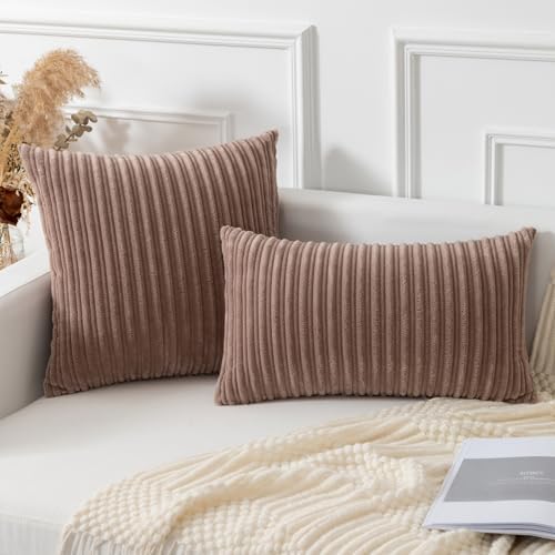 Kevin Textile Striped Corduroy 24”x24” Pillow Covers 2 Pack, Light Brown
