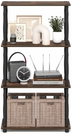 Furinno Turn-N-Tube Storage Shelves, 4-Tier Open Frame Book Shelf, Standing Corner Shelf, Toolless Open Shelves, Classic Tubes, for Organization and Storage, Living Room, Home Office, Amber Pine