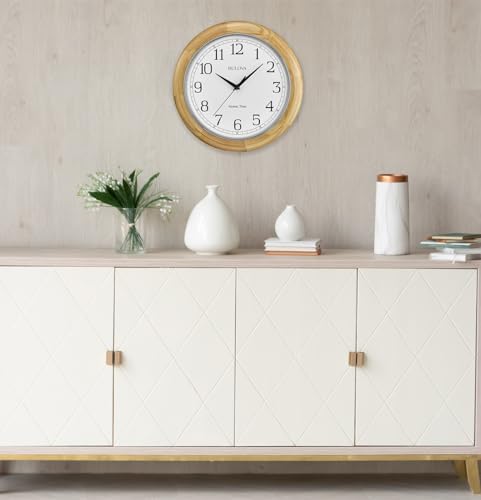 Bulova C5005 Wooden Atomic Analog Wall Clock | Automatically Sets Time | Large Roman Numerals | Battery Operated | Traditional Design