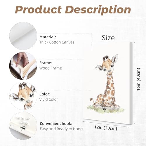 Safari Nursery Wall Art Decor Baby Animal Canvas Wall Art Woodland Nursery Wall Decor Kids Jungle Animal Pictures Safari Giraffe Elephant Tiger Prints for Room Bedroom 12x16x4 Inch Wrapped Canvas