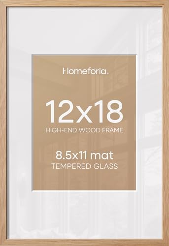 Homeforia 12x18 Natural Oak Picture Frame, High-End Wood, 8.5x11 Mat, Glass