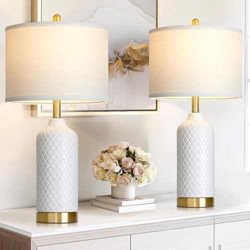 26“ White Ceramic Table Lamps for Living Room, Modern Ceramic Lamps Set of 2, Tall Bedside Lamp for Nightstand, Classic Farmhouse Bedroom Lamp for Desk Side End Table Home Decor