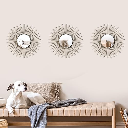 3 Pack Metal Mirrors for Wall Sunburst Wall Mirrors Home Décor Decorative Hanging Wall Art for Living Room Bedroom Entryway (Black2, Sunburst)