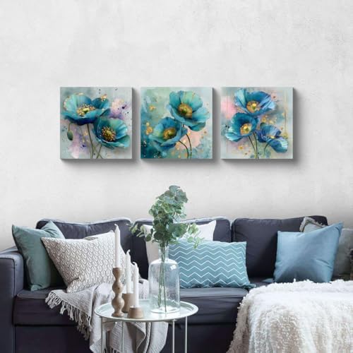 NAN Wind 3Pcs Blue Teal Poppy Flower Wall Art Canvas Print with Gold Accents Modern Botanical Floral Contemporary Watercolor Style Elegant Flower Artwork for Living Room Bedroom Home Office Wall Decor