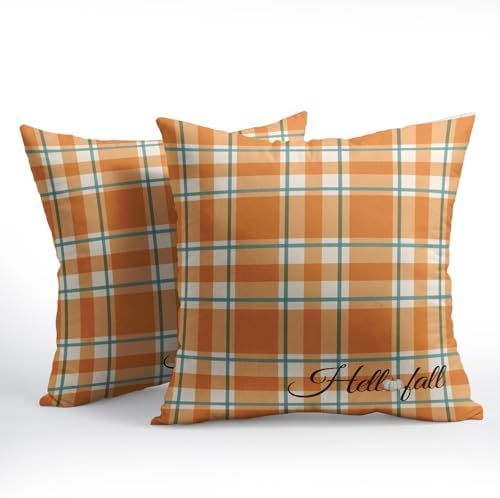 Orange Stripe Fall Throw Pillow Cover 18x18 Inch Set of 2 Hello Fall Stripes Buffalo Plaid Decorative Pillow Protector Pumpkin Autumn Thanksgiving Outdoor Cushion Case for Home Sofa Porch
