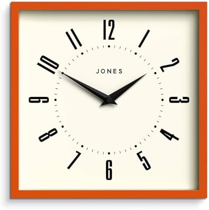 JONES CLOCKS® Box wall Clock | Retro Square Clock | 10" | Orange | Easy to Read Numbers | Perfect Kitchen Clock or Office Clock
