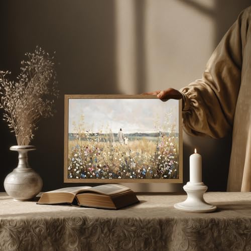 EisEver Jesus Walking with Girl Wall Art, Inspirational Christian Faith Decor, Rustic Wildflower Meadow Canvas Painting, Biblical Landscape Artwork or Church Kids Room Wood Framed 12x16 Inch