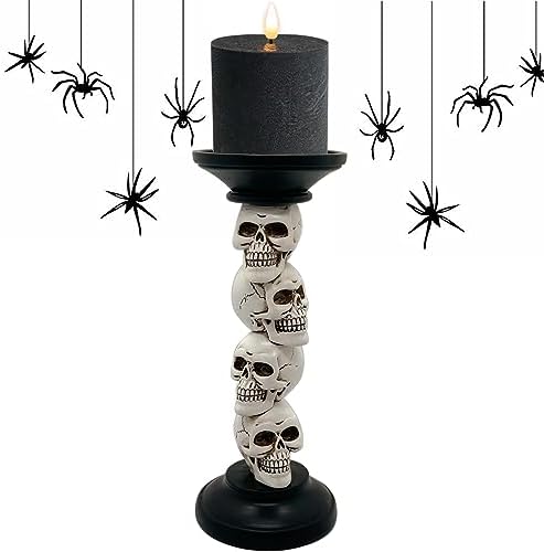 Pillar Candle Holder for Halloween Decoration Indoor, Skull Candlestick Holder, Skeleton Candlestick Holder Spooky Decor Black Taper Candle Holders