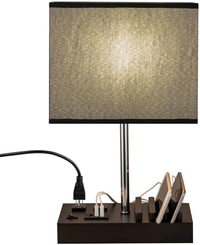 Briever USB Table Lamp, Multi-Functional Desk Lamp with 2 AC Outlets, Bedside Lamp with 3 USB Charging Ports and Wooden Phone Stands, Nightstand Lamp for Bedroom, Livingroom, Office, Black Shade