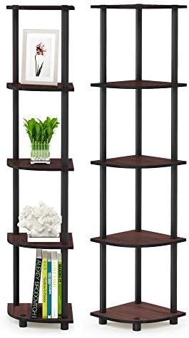 Furinno TURN-N-TUBE Corner Shelf Set of 2, 5-Tier Corner Bookshelf, Open Storage Shelves, for Organization and Storage, Living Room, Home Office, Garage, Dark Cherry