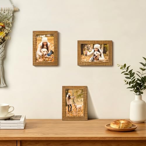 Egofine 4x6 Picture Frames Made of Solid Wood with Plexiglass Set of 4, Display Pictures 3x4.5 and 3.5x5 with Mat or 4x6 Without Mat for Tabletop and Wall Mounting, Teak Wood