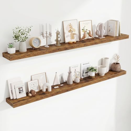 Fun Memories 72 Inch Fireplace Mantel Set of 2, Long Floating Shelf for Bedroom|Living Room, Wall Mounted Farmhouse Display with Invisible Heavy Duty Metal Bracket, Rustic Brown