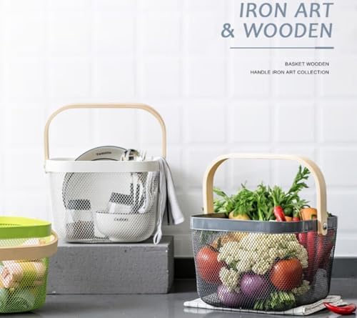 AJIODA Metal Mesh Steel Basket, Storage Organizer Basket Multi-functional Hanging Kitchen Baskets Fruit Basket with Wooden Handle for Kitchen Bathroom Picnic Shopping Decor Cabinet Home, Grey