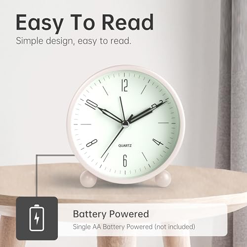 JALL Analog Alarm Clock, 4 inch Super Silent Non Ticking Small Clock with Night Light, Battery Operated, Simple Design, Old Fashioned Style Cream Decor, for Bedroom, Bedside, Desk, Adult, Gift, White