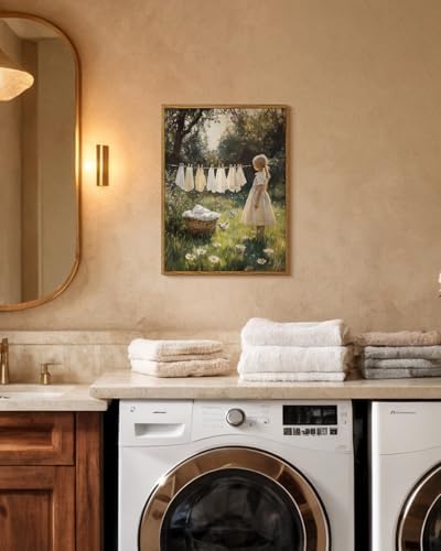 WHASAYART Vintage Framed Canvas Wall Art Girl Clothesline Painting 12x16 | Rustic Farmhouse Summer Fall Nature Landscape Artwork Bird Flower Basket Print for Bedroom Nursery Laundry Room Cottage Decor