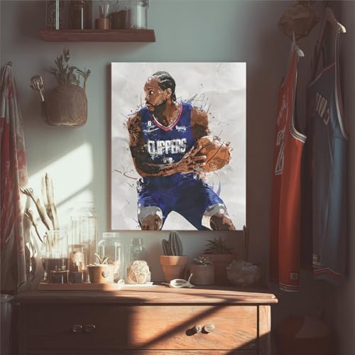 Kawhi Leonard Basketball Canvas Wall Art, Sports Player Poster, 24x30 Inch | Abstract splash ink athletic artwork, motivational sports wall decor for teen boys room, bedroom, living room, gym or office