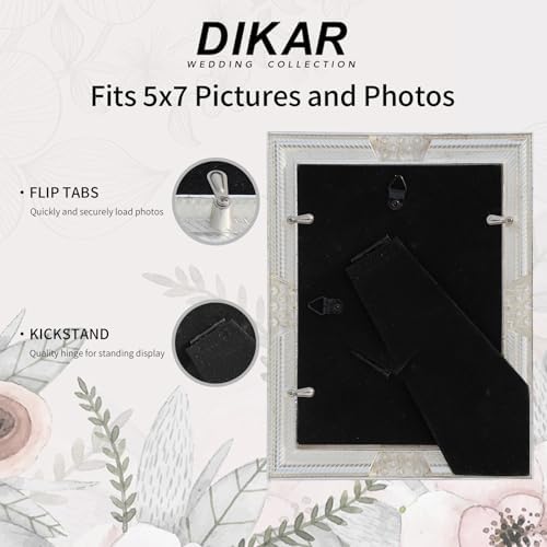 DIKAR 5x7 Picture Frame with Pearl and Crystal Decor for Wedding Photo, Ornate Frame Silver Plated for Tabletop Display